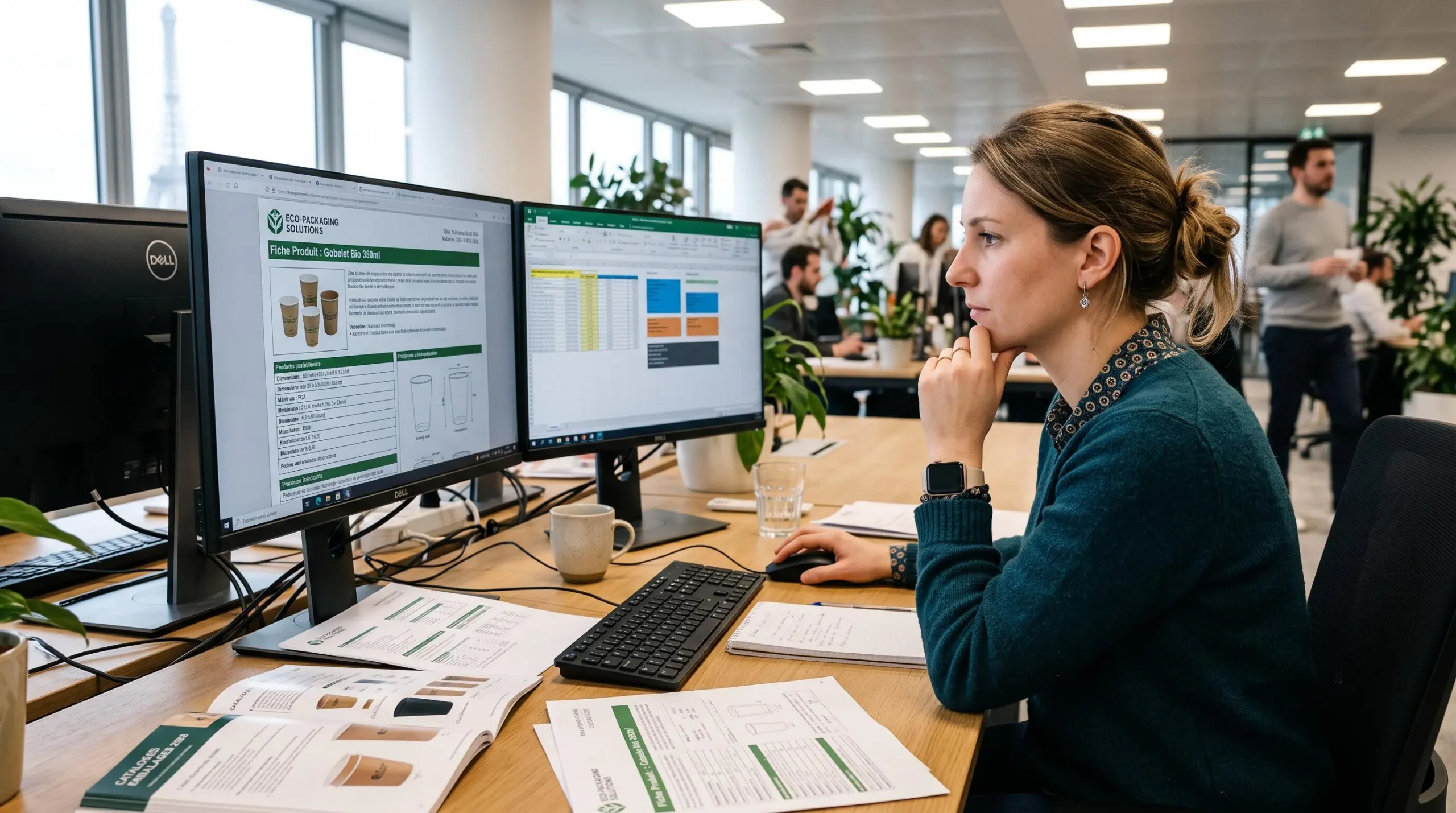 Collaborateur marketing validant fiches produits enrichies sur double écran avec documents fournisseurs papier en support